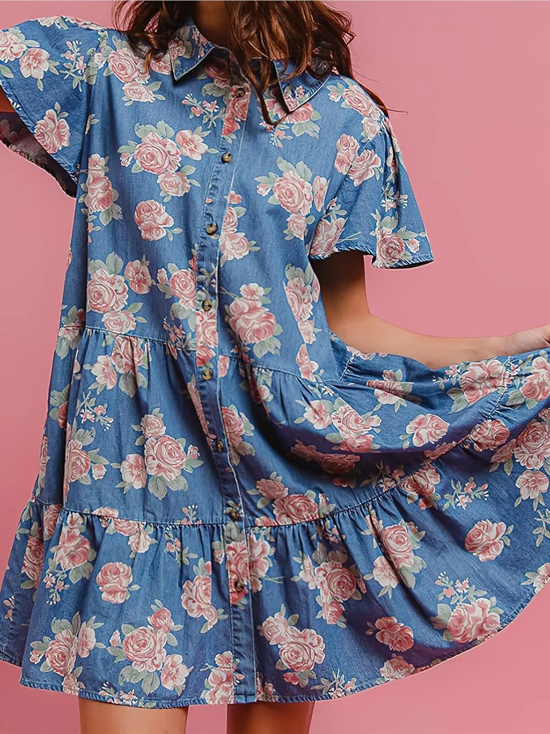 ebossy Women's Sweet Floral Denim Dress Button Up Ruffle Short Sleeve Flowy A Line Tiered Mini Shirt Dress