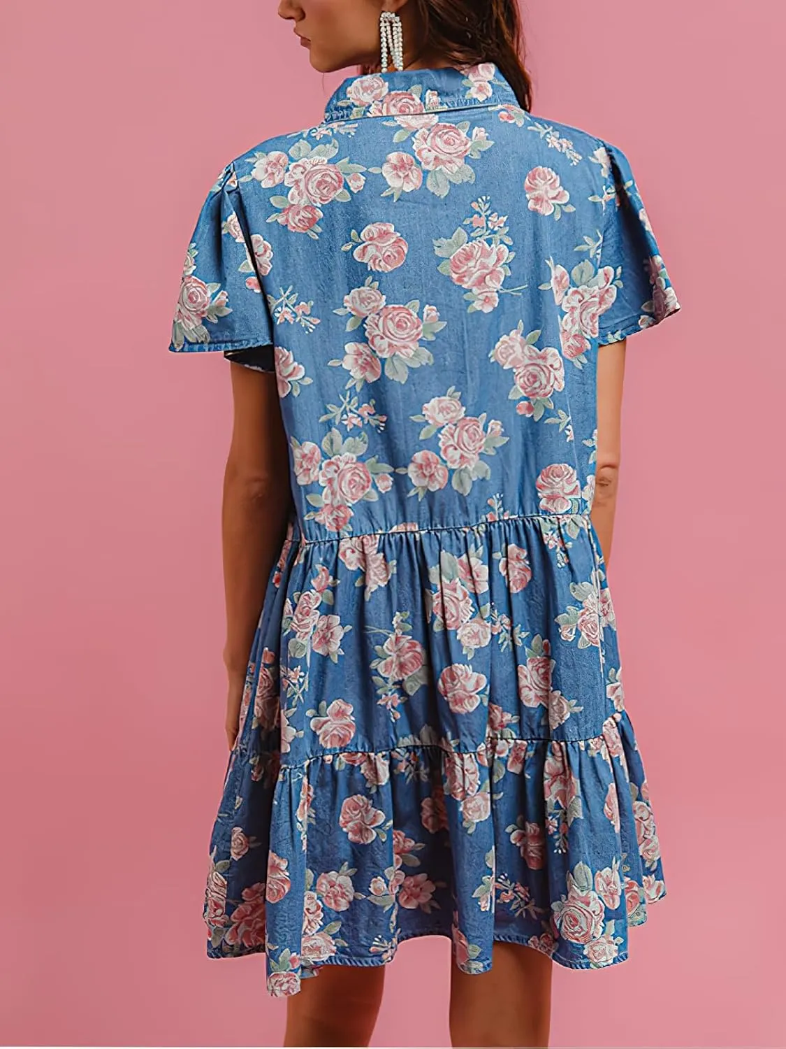 ebossy Women's Sweet Floral Denim Dress Button Up Ruffle Short Sleeve Flowy A Line Tiered Mini Shirt Dress