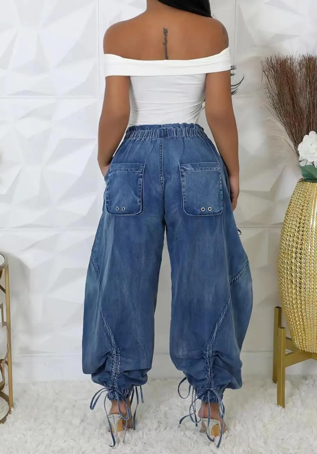 Ecirod Womens Denim Harem Pants Casual Drawstring Elastic Waist Wide Leg Baggy Jeans Bow Tie Comfy Pants with Pockets