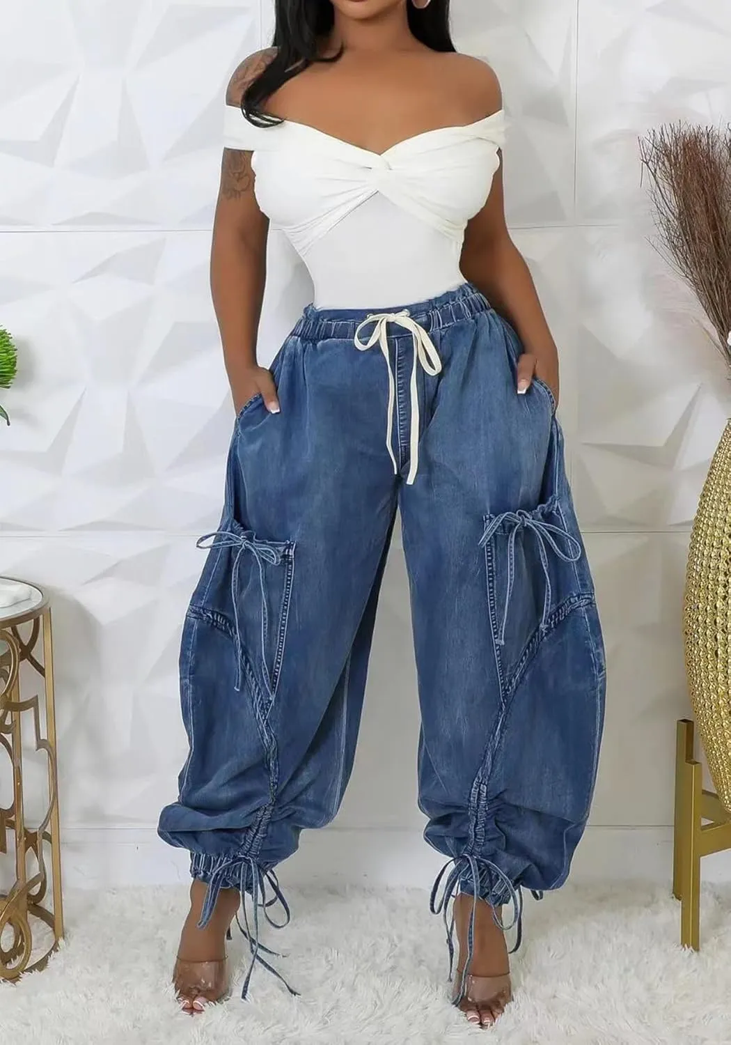 Ecirod Womens Denim Harem Pants Casual Drawstring Elastic Waist Wide Leg Baggy Jeans Bow Tie Comfy Pants with Pockets