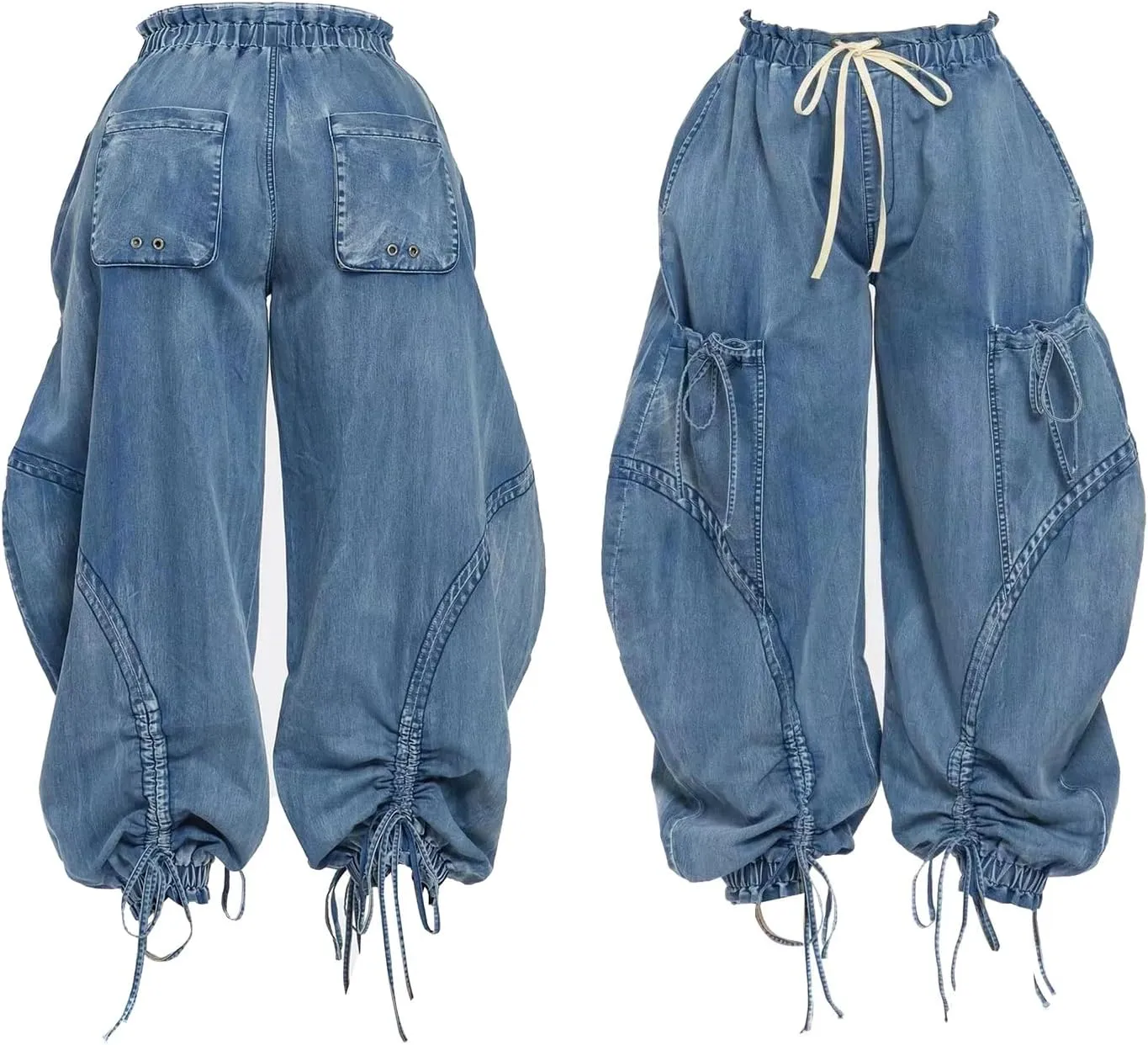 Ecirod Womens Denim Harem Pants Casual Drawstring Elastic Waist Wide Leg Baggy Jeans Bow Tie Comfy Pants with Pockets
