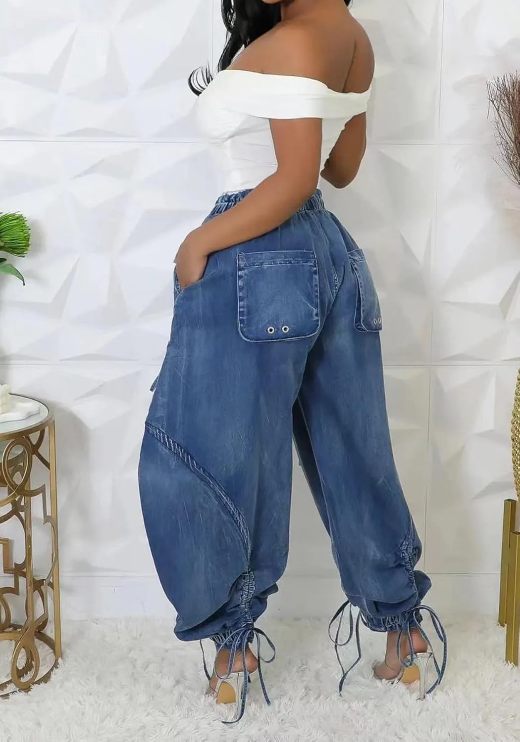 Ecirod Womens Denim Harem Pants Casual Drawstring Elastic Waist Wide Leg Baggy Jeans Bow Tie Comfy Pants with Pockets