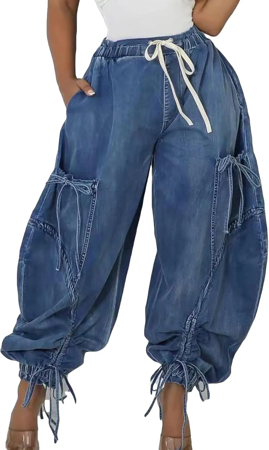 Ecirod Womens Denim Harem Pants Casual Drawstring Elastic Waist Wide Leg Baggy Jeans Bow Tie Comfy Pants with Pockets