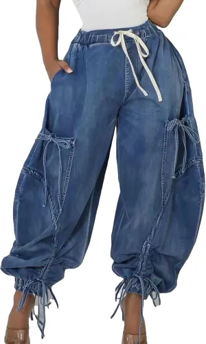 Ecirod Womens Denim Harem Pants Casual Drawstring Elastic Waist Wide Leg Baggy Jeans Bow Tie Comfy Pants with Pockets