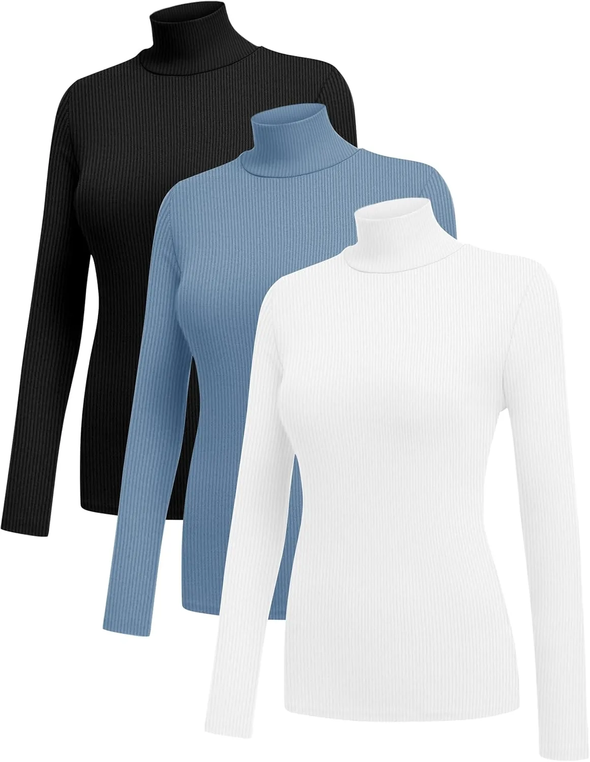 Ekouaer Women 3 Pack Turtleneck Shirts Ribbed Thermal Underwear Tops Lightweight Long Sleeve Layer Tees Basic Pullover Blouse