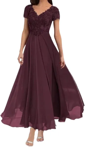 Elegant Tea Length Mother of The Bride Dress Short Sleeve Lace Formal Gown for Weddings and Evening Parties