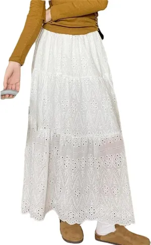Fashion Hollow Out White Long Skirts for Women Summer High Waist A Line Skirt Pleated Midi Skirts