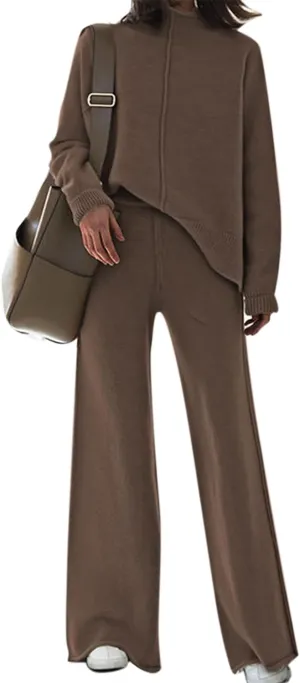 Fixmatti Women Knit Sweatsuit Turtleneck Sweater Top and Wide Leg Pant 2 Piece Outfits