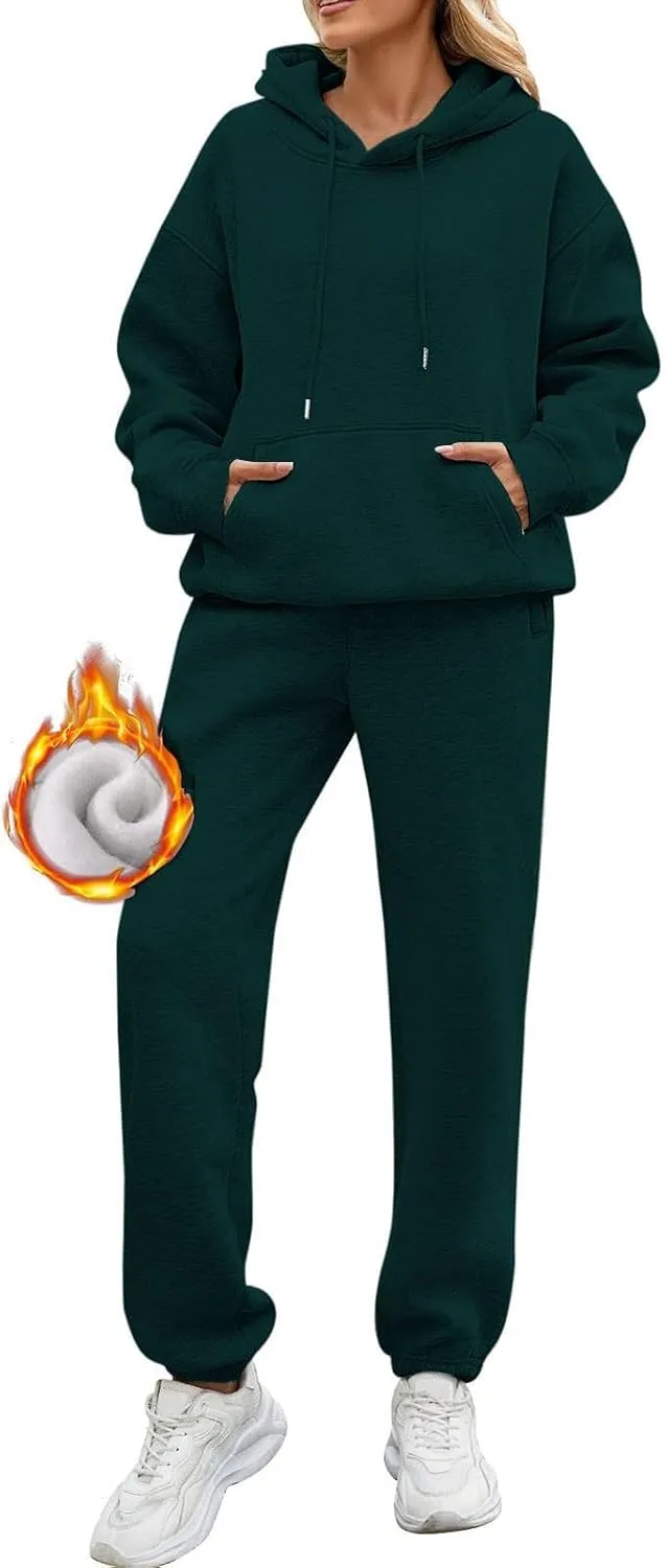 Fleece Jogger Sets for Women 2 Piece Oversized Hoodie Sweatshirt Fuzzy Sweatpants Lounge Set Winter Outfit w/Pockets