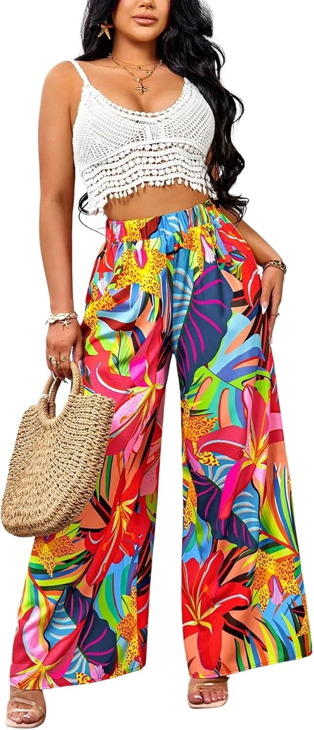 Floerns Women's Tropical Print High Elastic Waist Wide Leg Beach Palazzo Pants
