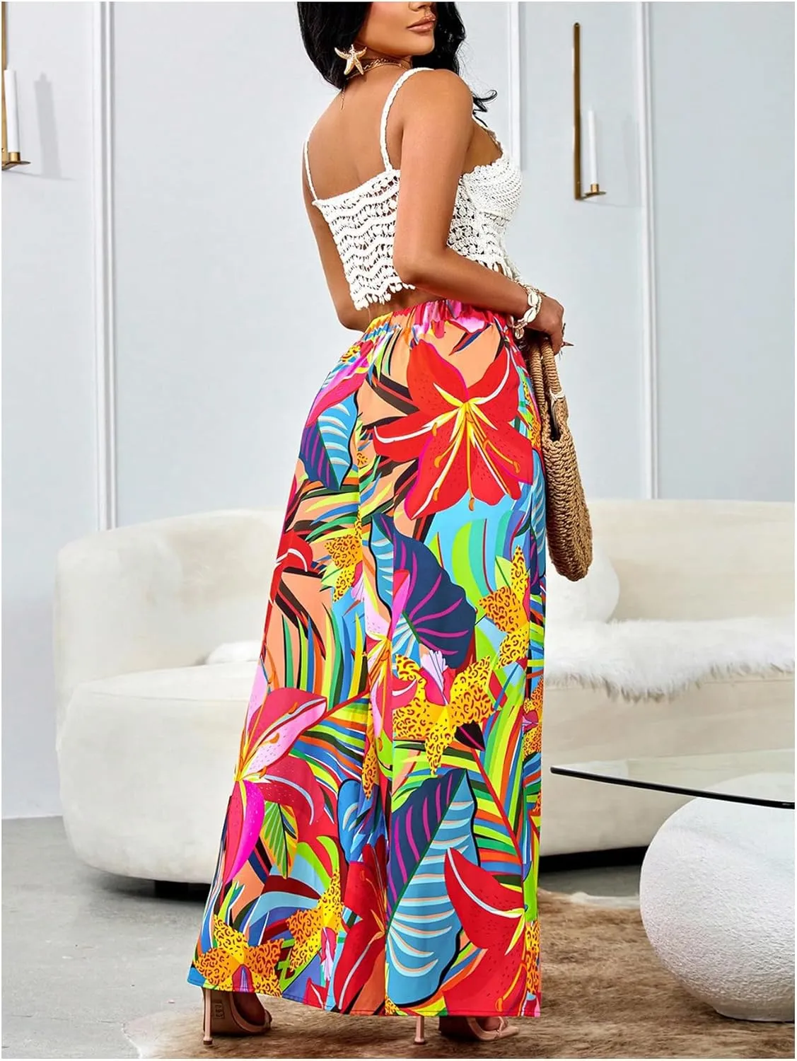 Floerns Women's Tropical Print High Elastic Waist Wide Leg Beach Palazzo Pants