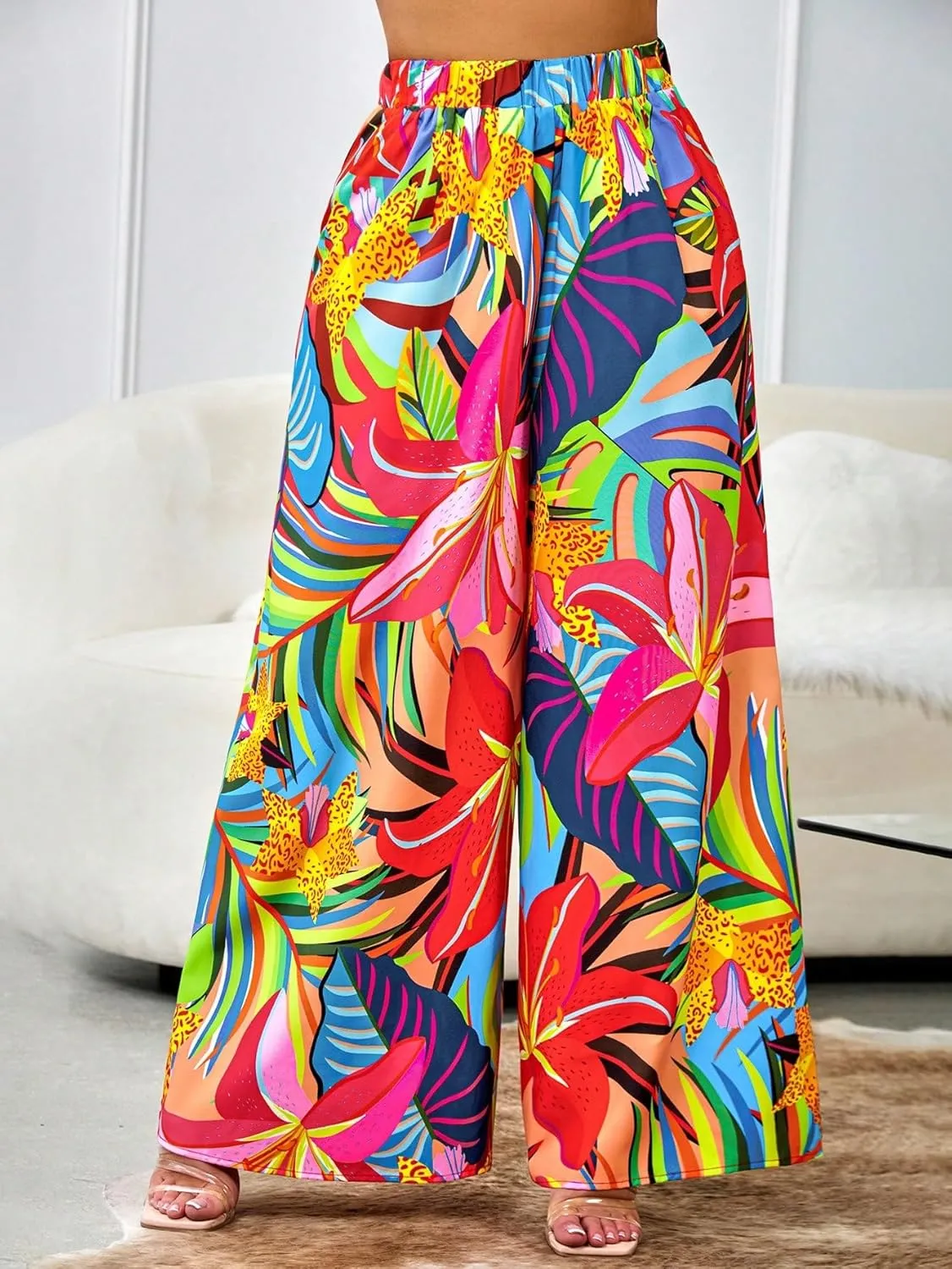 Floerns Women's Tropical Print High Elastic Waist Wide Leg Beach Palazzo Pants
