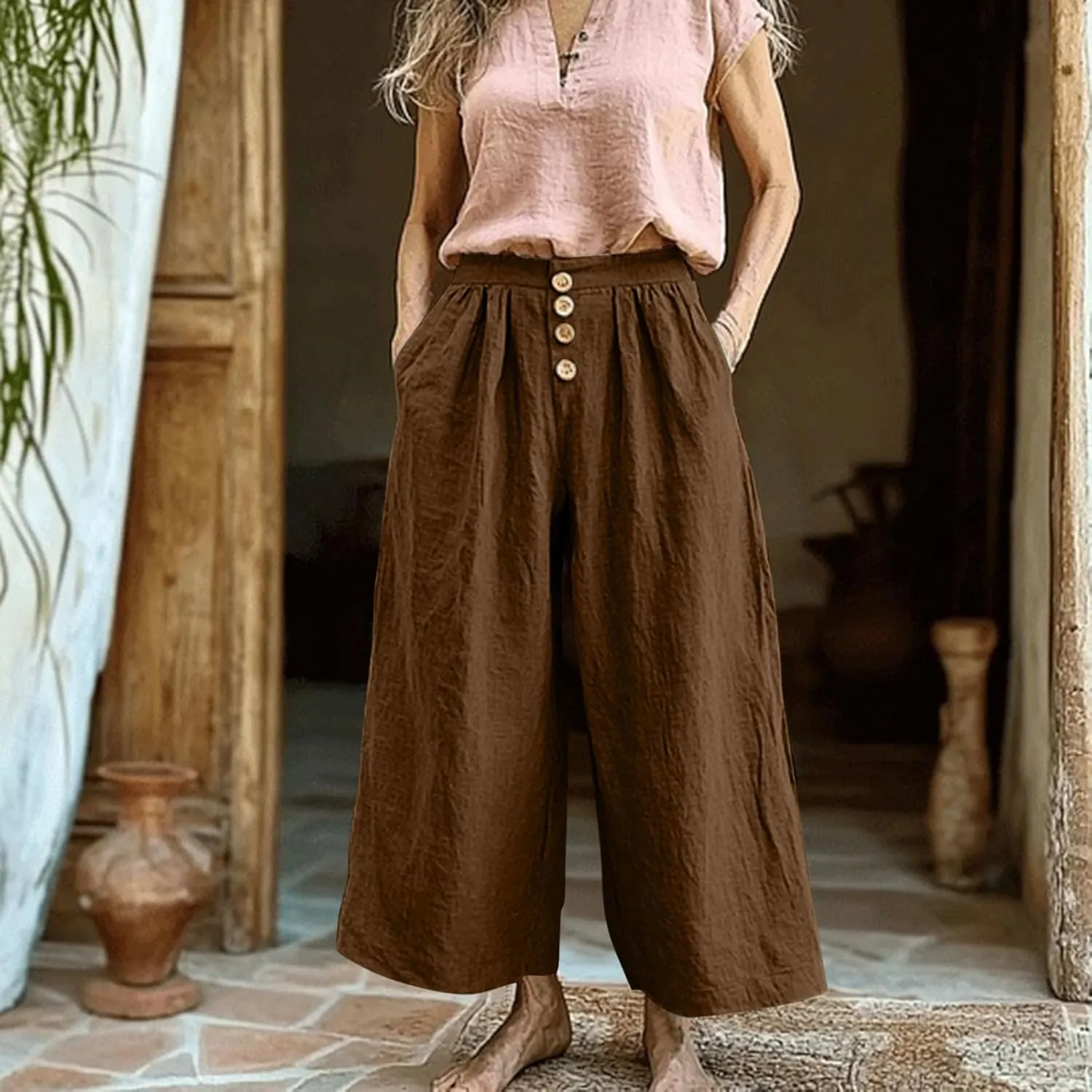 Flowy Pants for Women Summer Cotton Linen Wide Leg Palazzo Pants Beach Casual Button Down Trouser with Pockets