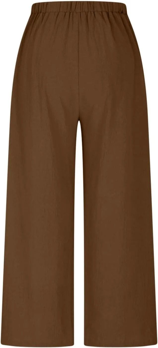 Flowy Pants for Women Summer Cotton Linen Wide Leg Palazzo Pants Beach Casual Button Down Trouser with Pockets