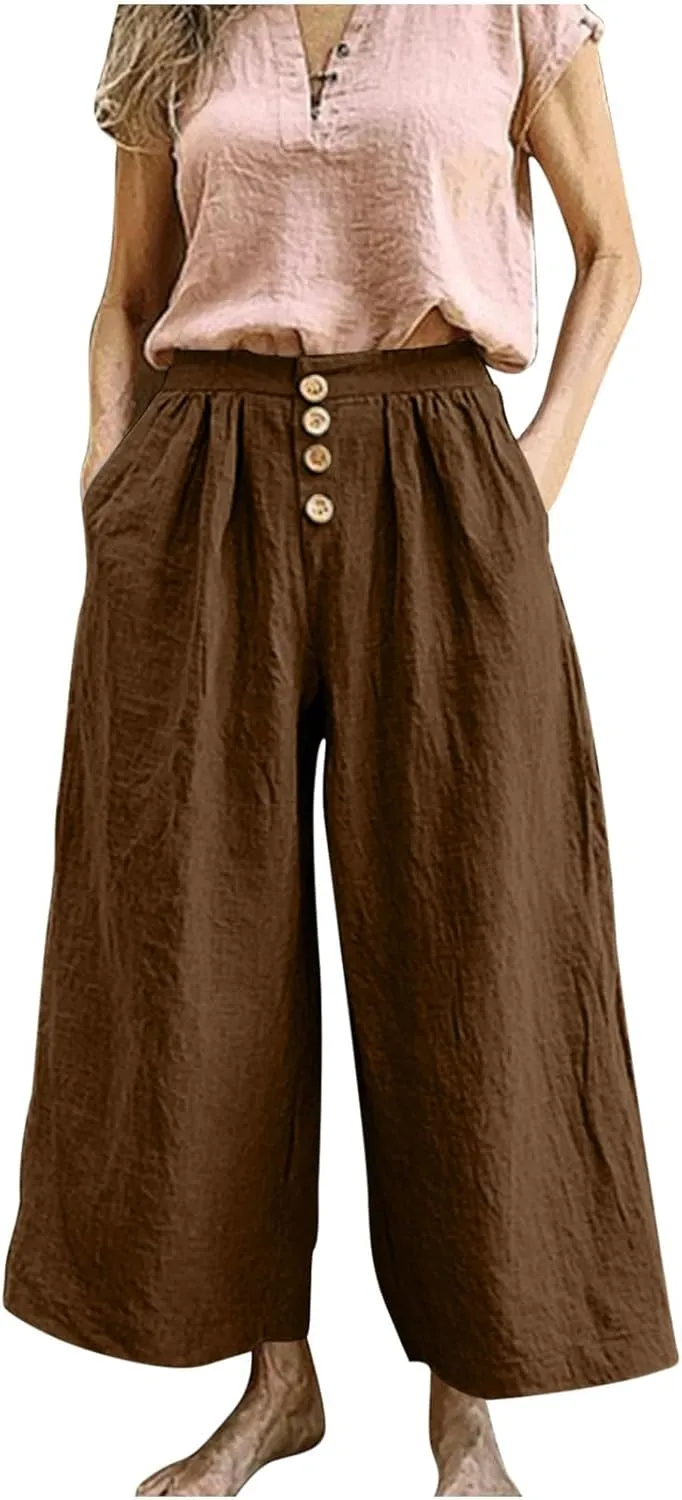 Flowy Pants for Women Summer Cotton Linen Wide Leg Palazzo Pants Beach Casual Button Down Trouser with Pockets