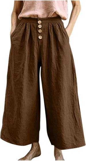 Flowy Pants for Women Summer Cotton Linen Wide Leg Palazzo Pants Beach Casual Button Down Trouser with Pockets