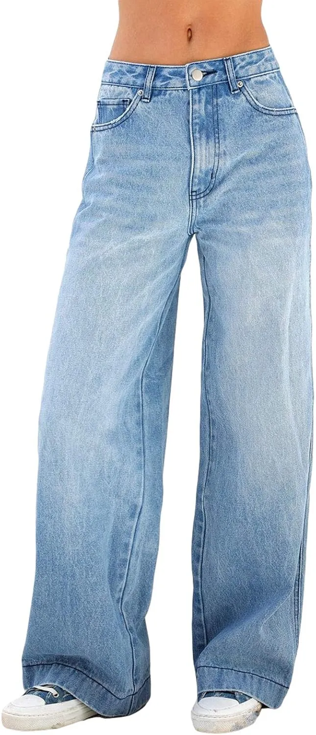 Franhais Women Wide Leg Denim Pants Fashion High Waist Straight Leg Baggy Flared Y2K Jeans Trousers Streetwear