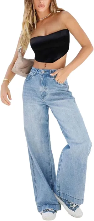 Franhais Women Wide Leg Denim Pants Fashion High Waist Straight Leg Baggy Flared Y2K Jeans Trousers Streetwear