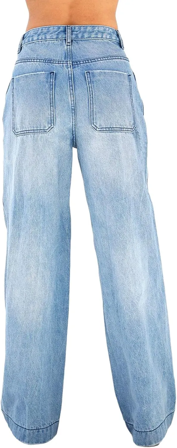 Franhais Women Wide Leg Denim Pants Fashion High Waist Straight Leg Baggy Flared Y2K Jeans Trousers Streetwear
