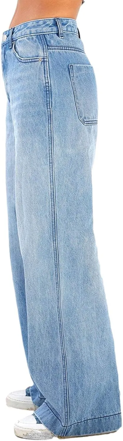 Franhais Women Wide Leg Denim Pants Fashion High Waist Straight Leg Baggy Flared Y2K Jeans Trousers Streetwear
