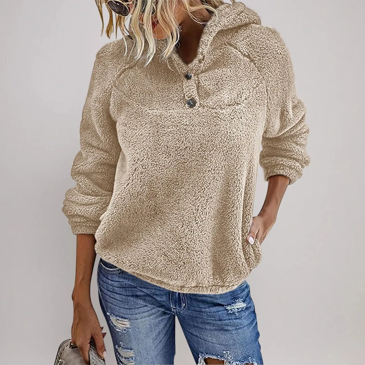 Fuzzy Fleece Hoodie for Women Oversized Sherpa Pullover Sweatshirt Thermal Sweater Winter Outerwear Fluffy Teddy Coat