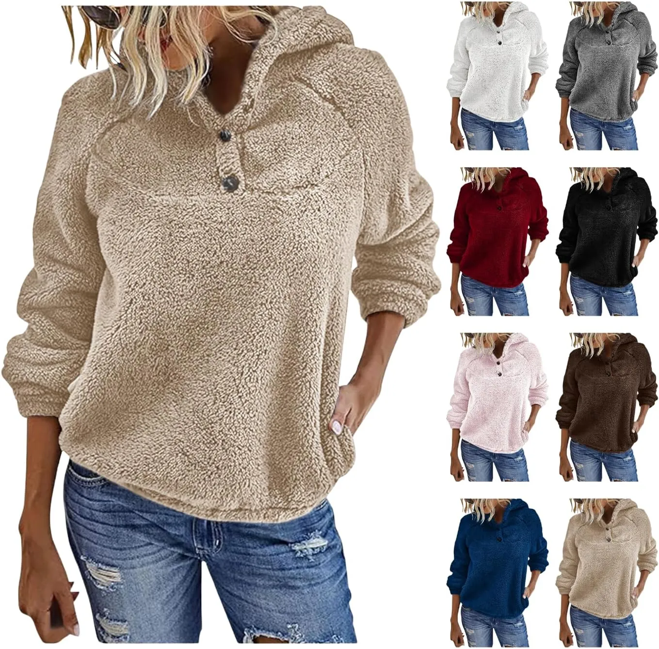 Fuzzy Fleece Hoodie for Women Oversized Sherpa Pullover Sweatshirt Thermal Sweater Winter Outerwear Fluffy Teddy Coat