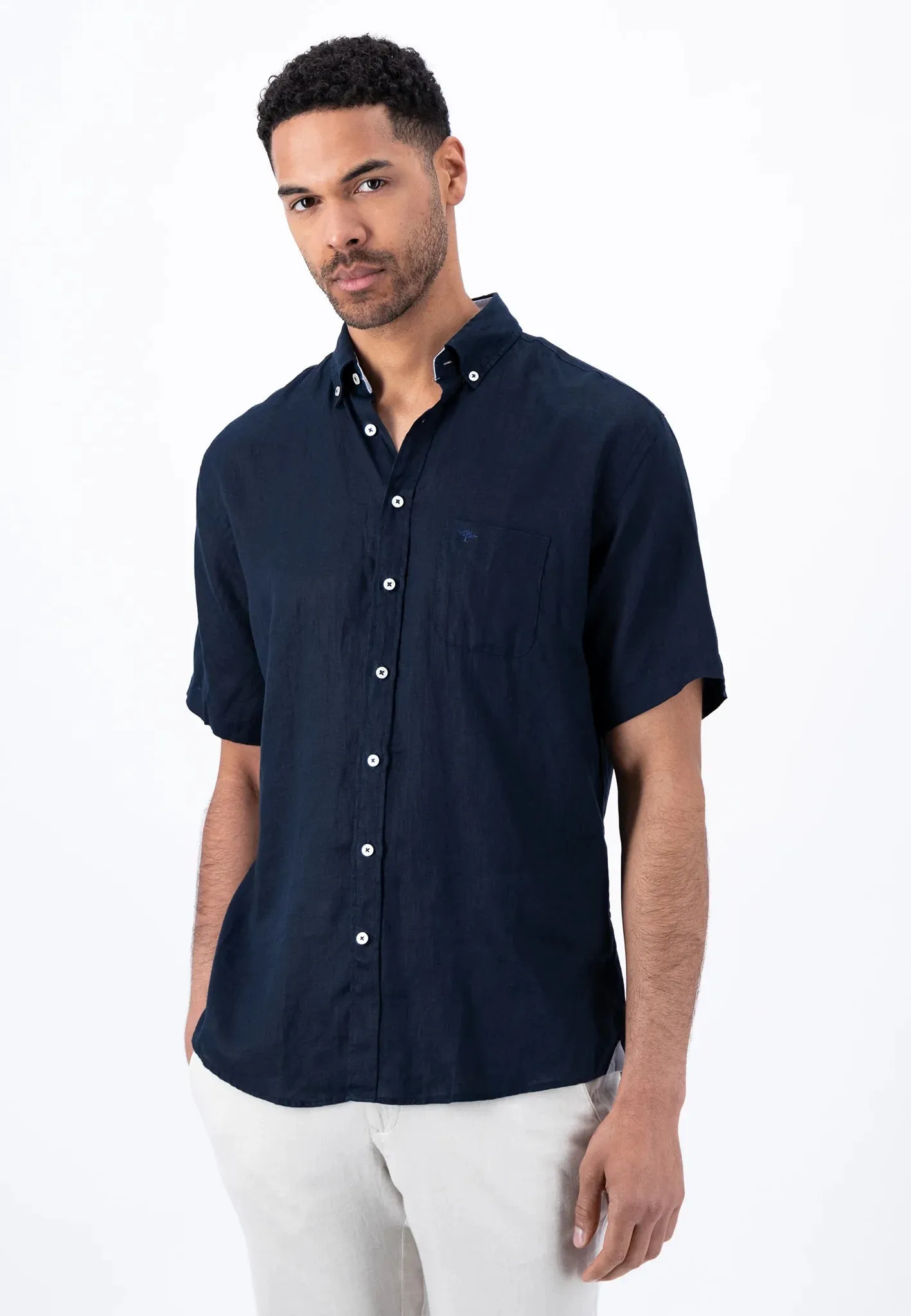 FYNCH HATTON Pure Linen Short-Sleeve Shirt - Men's – Navy