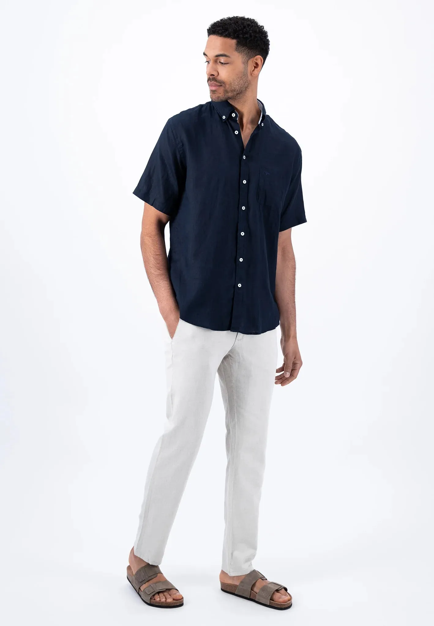 FYNCH HATTON Pure Linen Short-Sleeve Shirt - Men's – Navy