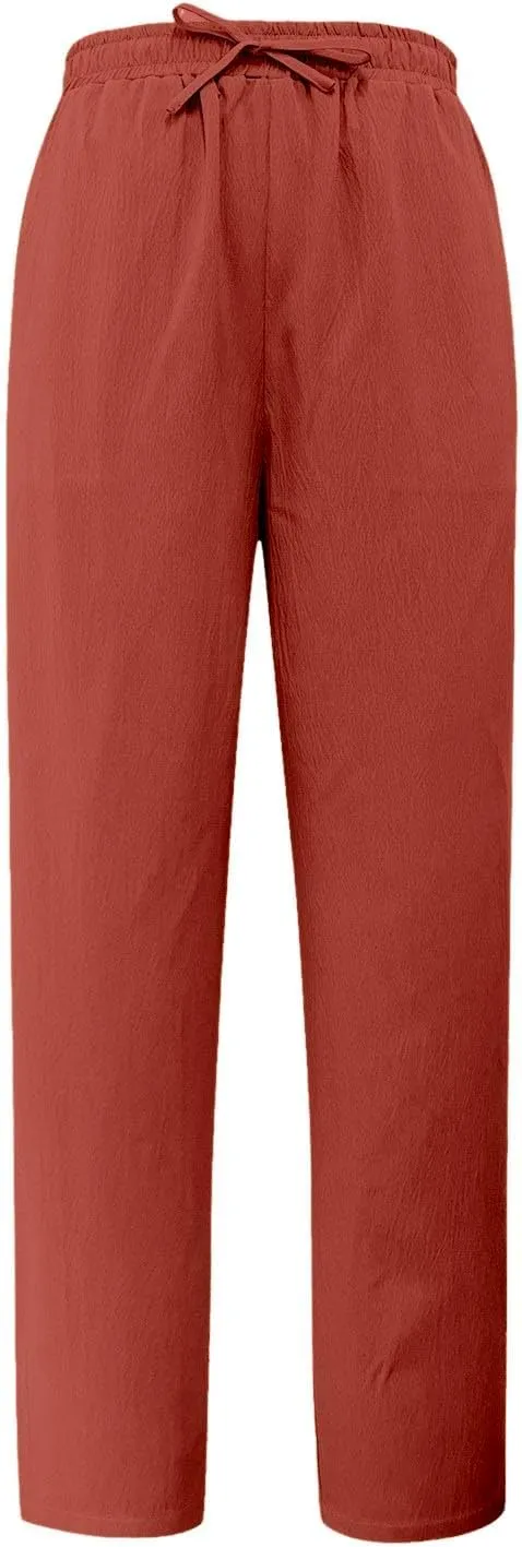 FZVYD Linen Pants for Women 2025 Summer High Waist Elastic Straight Leg Lounge Pant Casual Loose Lightweight Beach Trousers