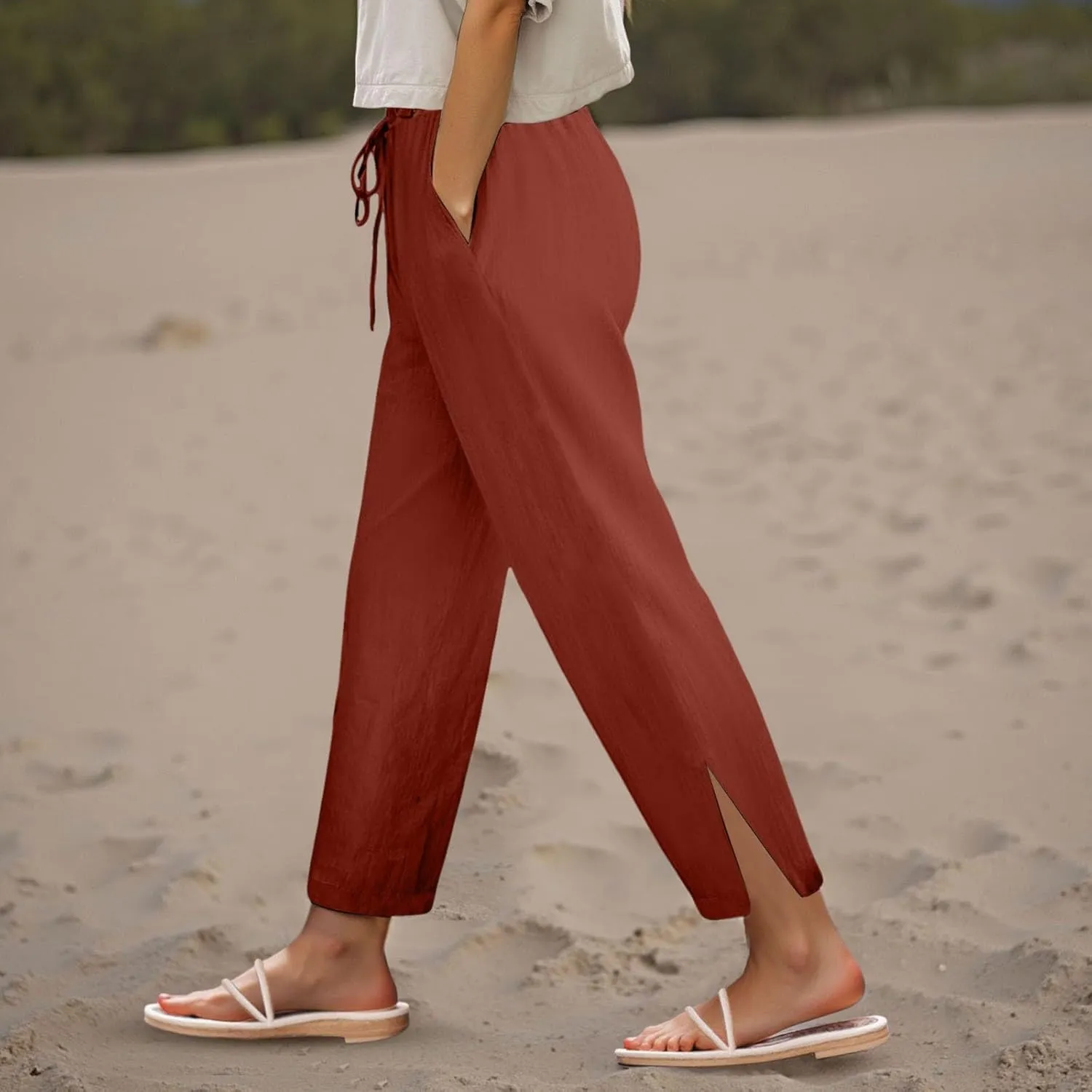 FZVYD Linen Pants for Women 2025 Summer High Waist Elastic Straight Leg Lounge Pant Casual Loose Lightweight Beach Trousers