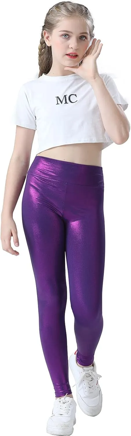 Girls Metallic Active Leggings Size 4-14 Years Shiny Sparkly Mystique Stretch Ankle Length for Kids Youth Teen