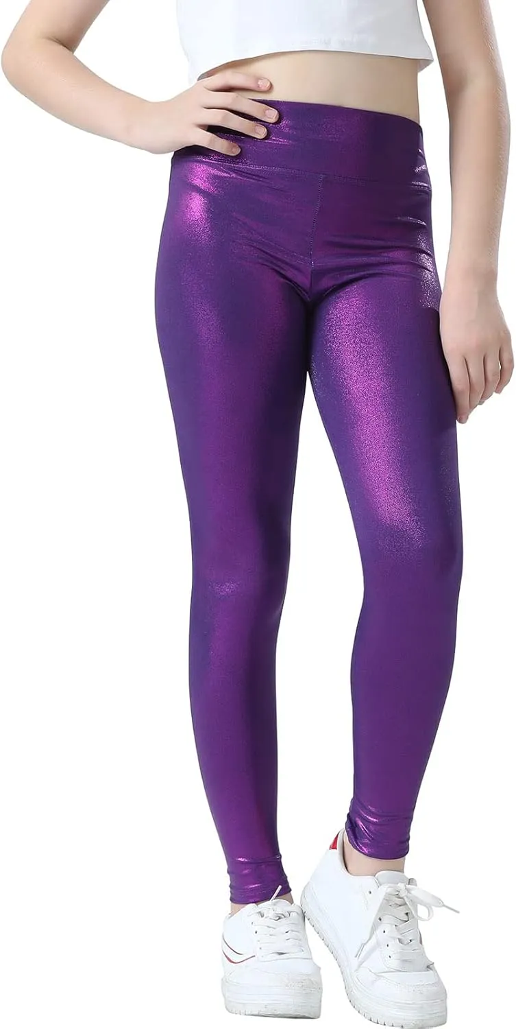 Girls Metallic Active Leggings Size 4-14 Years Shiny Sparkly Mystique Stretch Ankle Length for Kids Youth Teen