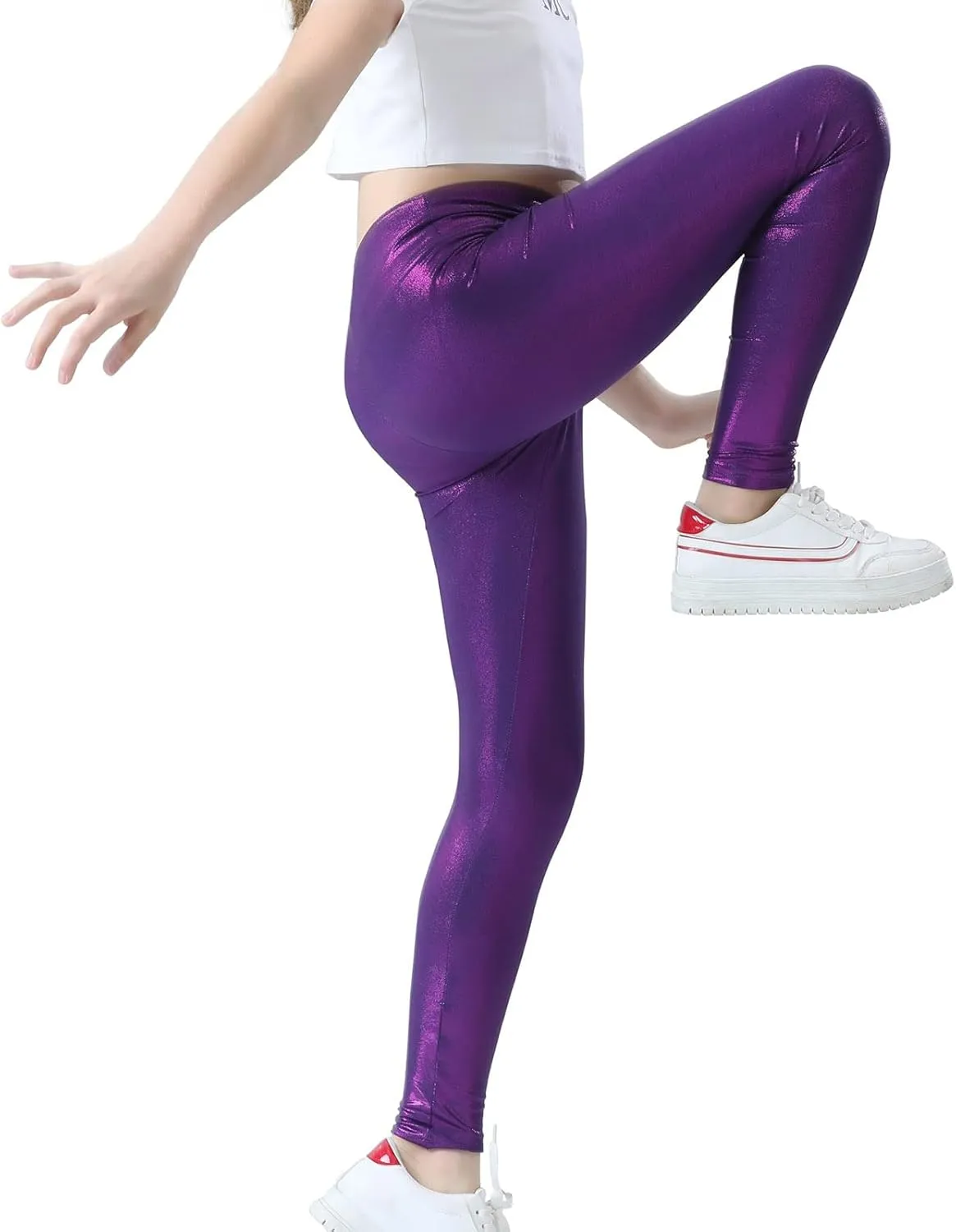 Girls Metallic Active Leggings Size 4-14 Years Shiny Sparkly Mystique Stretch Ankle Length for Kids Youth Teen