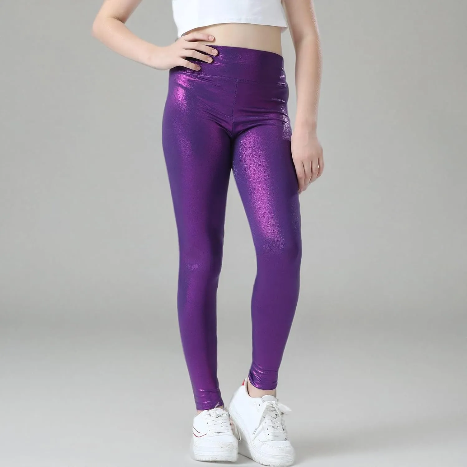 Girls Metallic Active Leggings Size 4-14 Years Shiny Sparkly Mystique Stretch Ankle Length for Kids Youth Teen
