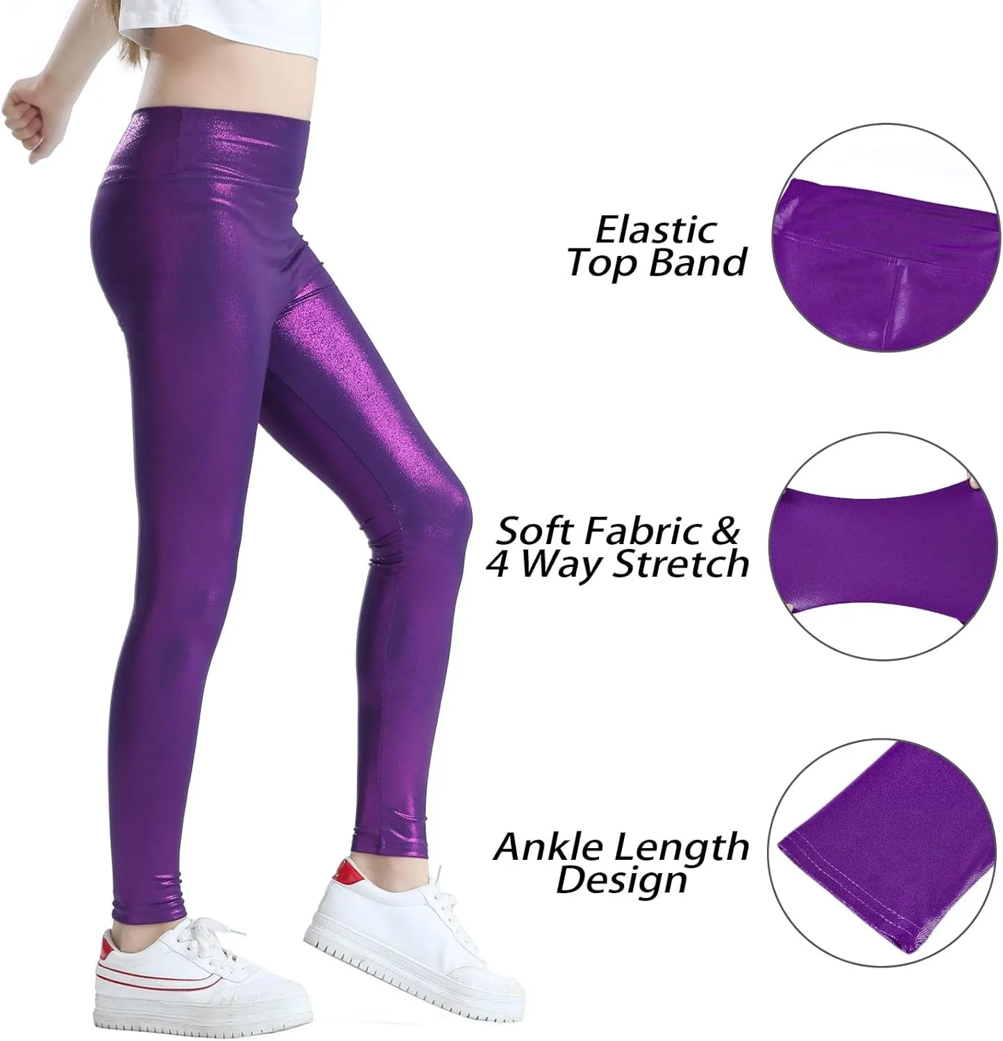 Girls Metallic Active Leggings Size 4-14 Years Shiny Sparkly Mystique Stretch Ankle Length for Kids Youth Teen