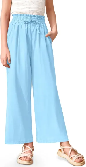 Girls Summer Print Drawstring Wide Leg Pants High Waisted Palazzo Pants Lounge Trousers with Lining Pocket 5-14 Years