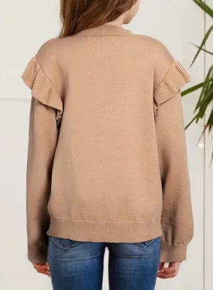 Girls Sweaters Cute Crewneck Ruffle Long Sleeve Knit Pullover Sweater Tops 6-15 Years