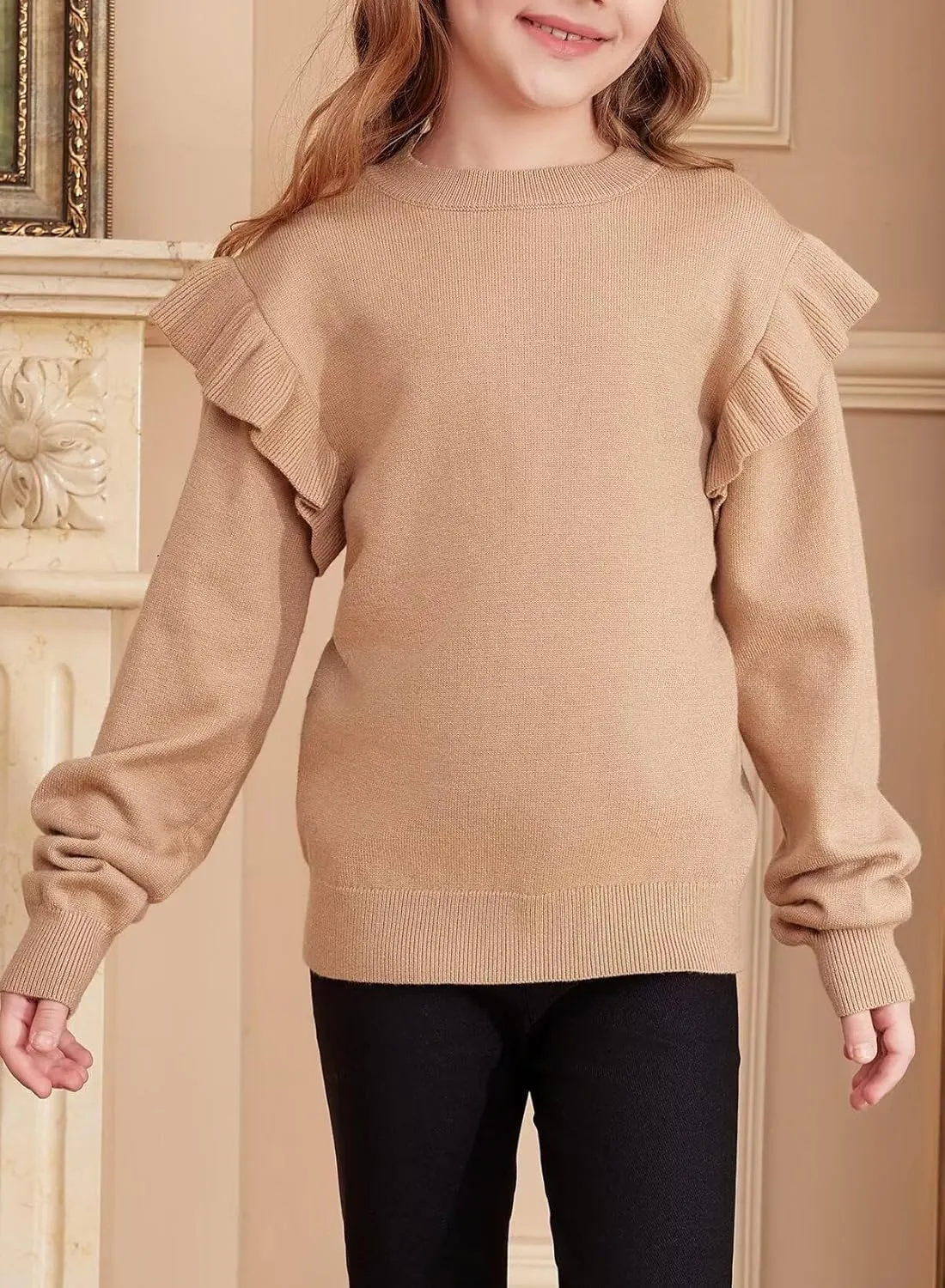Girls Sweaters Cute Crewneck Ruffle Long Sleeve Knit Pullover Sweater Tops 6-15 Years