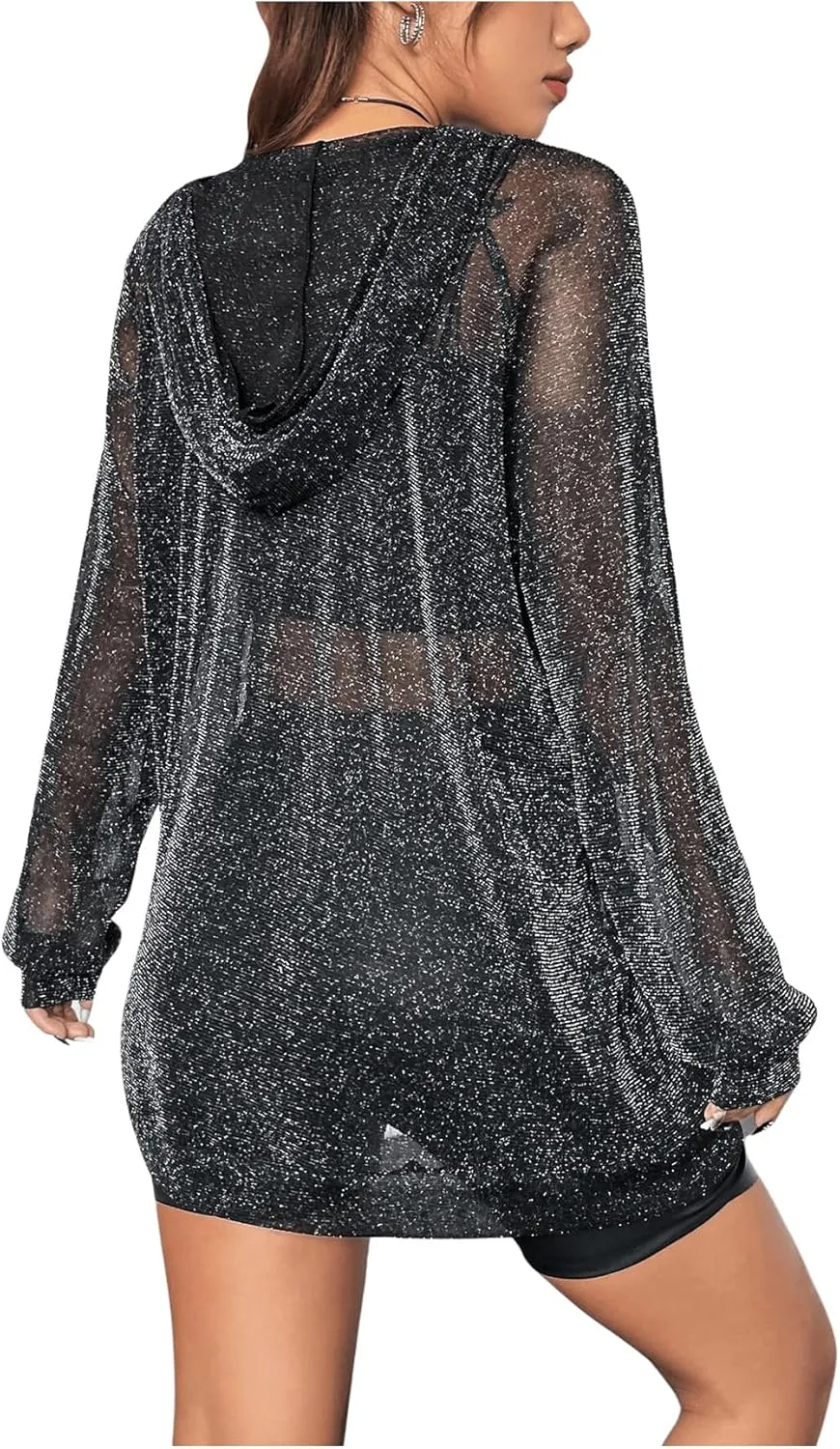 GORGLITTER Women's Oversized Mesh Sheer T Shirts Sparkly Long Sleeve See Through Tee Tops Glitter Hoodie