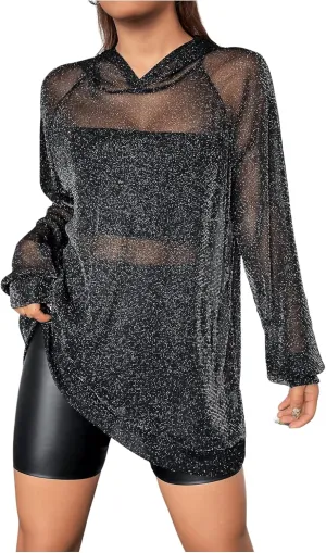 GORGLITTER Women's Oversized Mesh Sheer T Shirts Sparkly Long Sleeve See Through Tee Tops Glitter Hoodie