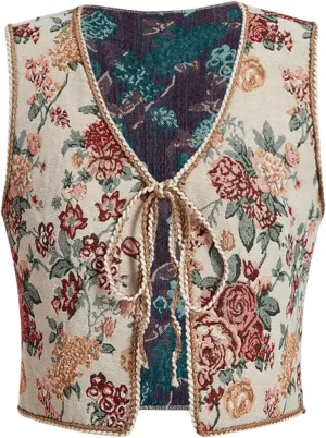 GORGLITTER Women's Plus Size Floral Embroidered Tie Front Vest Vintage Sleeveless V Neck Boho Vests Top