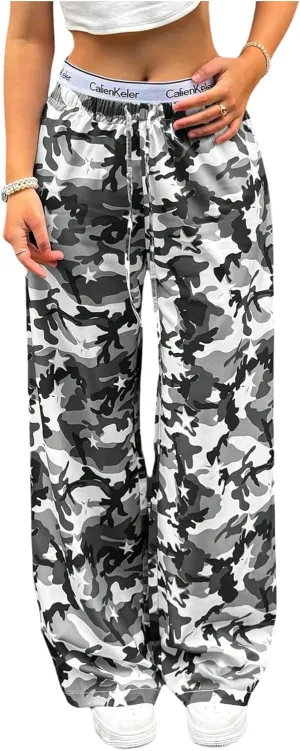 GORGLITTER Women's Y2k Baggy Camo Track Pants Elastic High Waisted Wide Leg Parachute Trousers