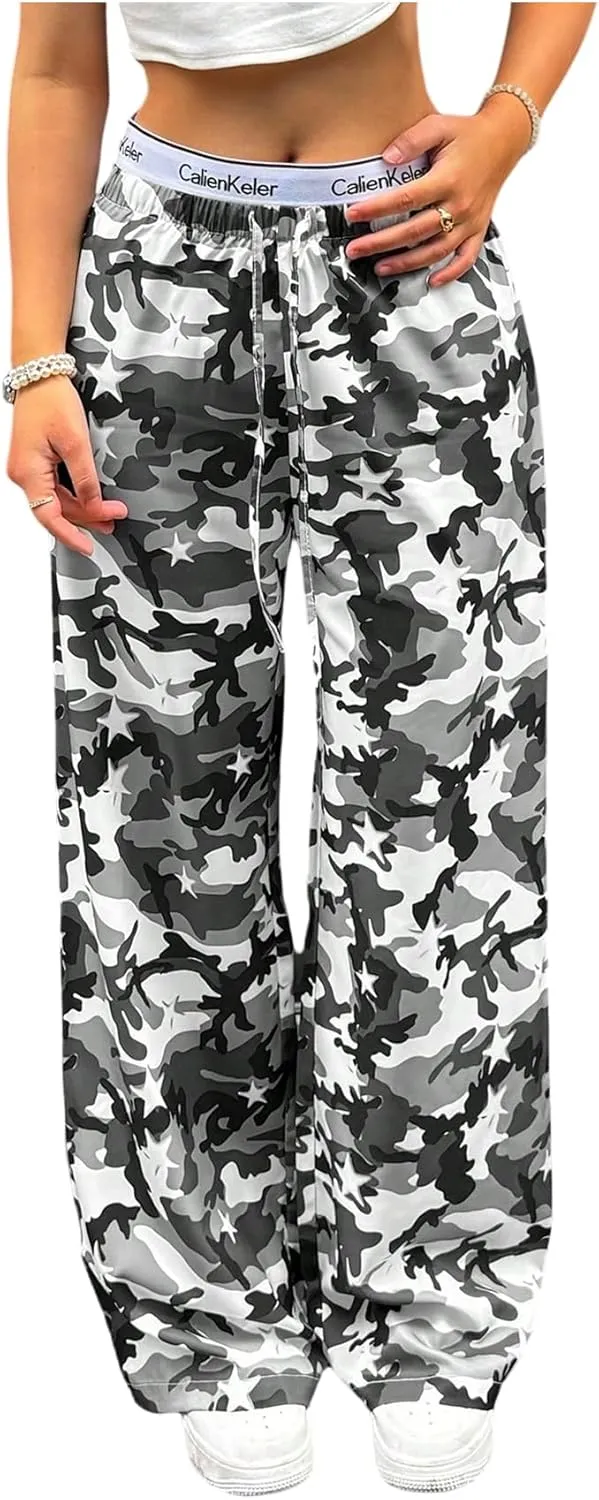 GORGLITTER Women's Y2k Baggy Camo Track Pants Elastic High Waisted Wide Leg Parachute Trousers