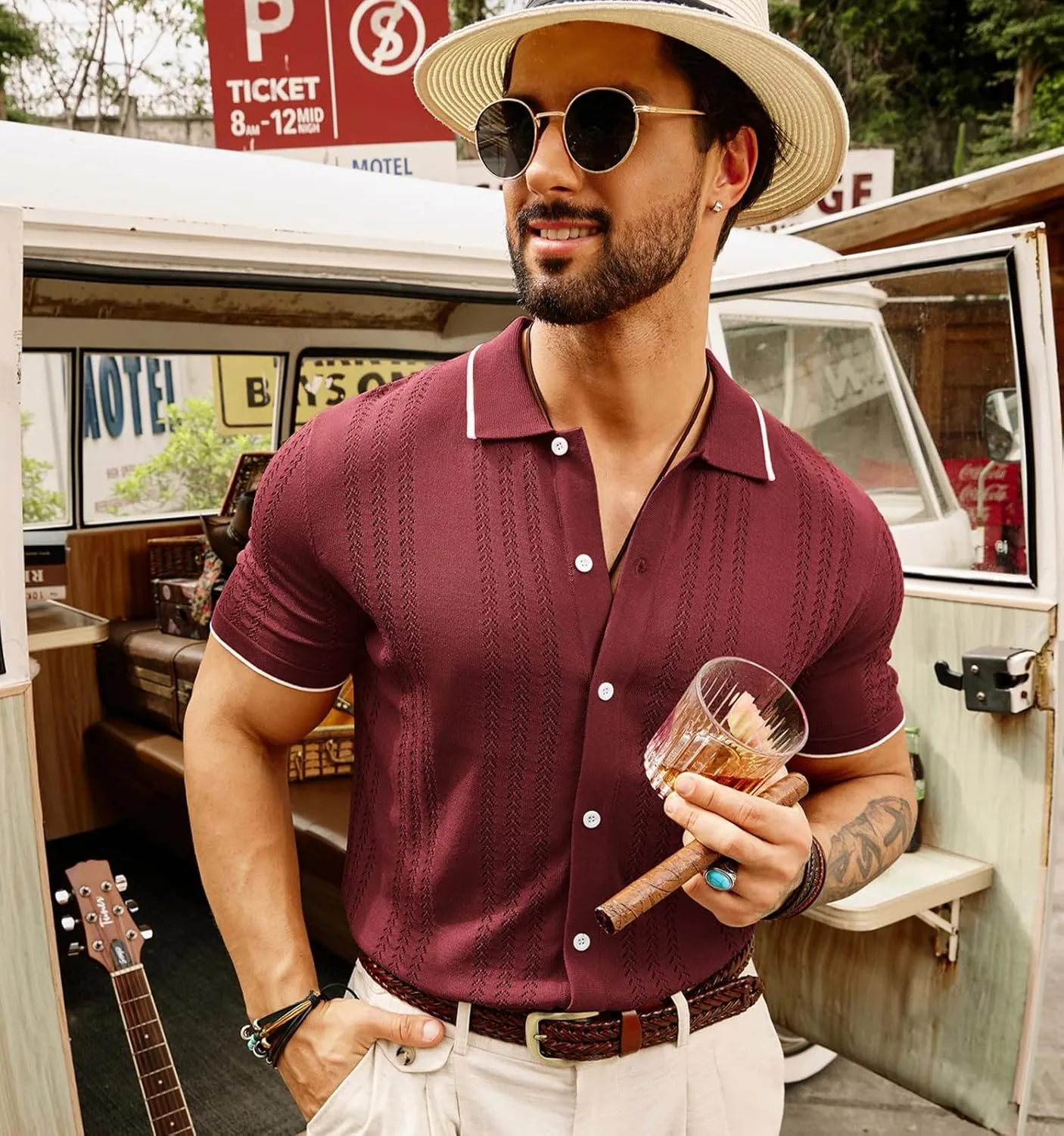 GRACE KARIN Men's Knit Polo Shirt Breathable Hollow Out Casual Button Down Shirts