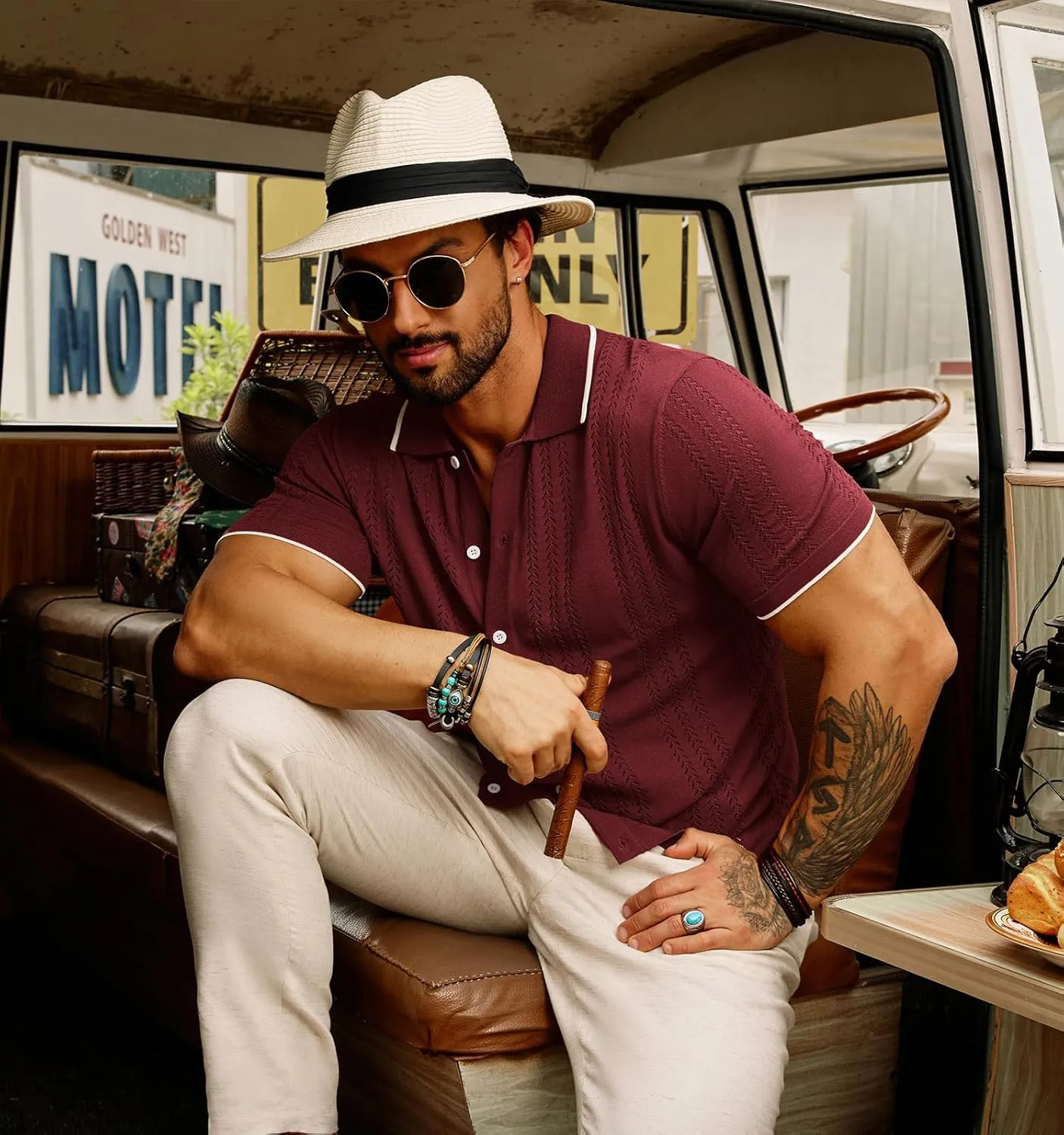 GRACE KARIN Men's Knit Polo Shirt Breathable Hollow Out Casual Button Down Shirts