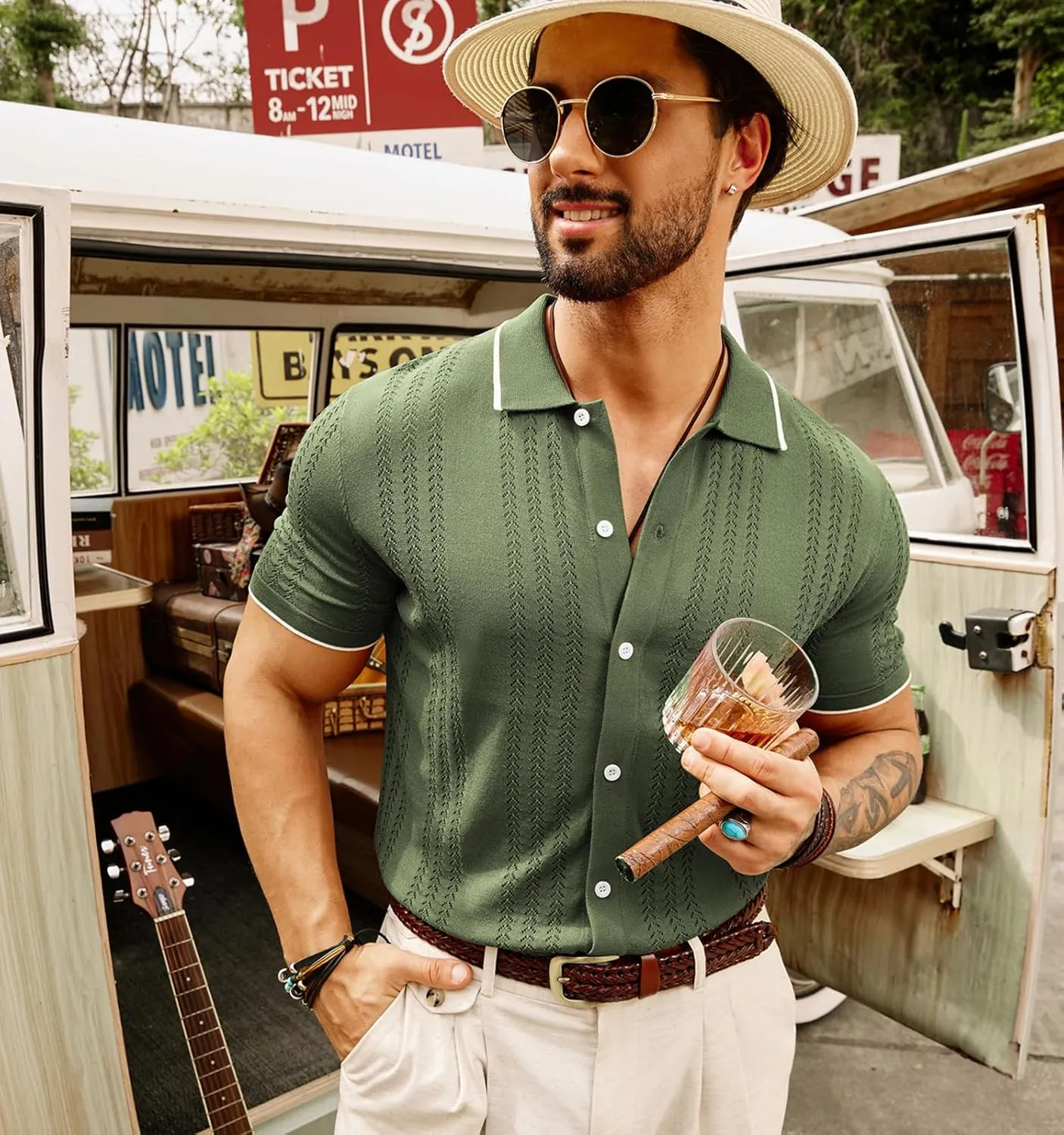 GRACE KARIN Men's Knit Polo Shirt Breathable Hollow Out Casual Button Down Shirts
