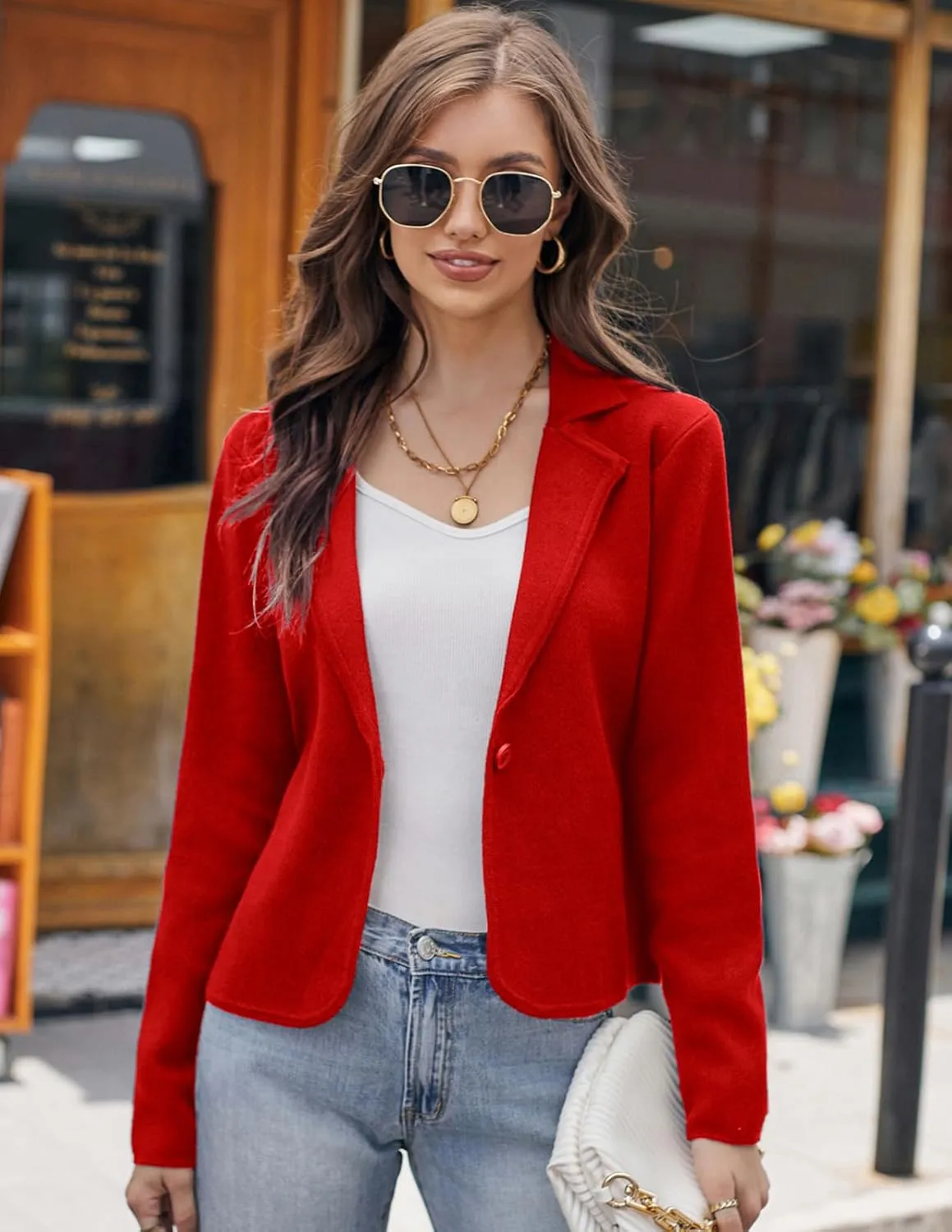 GRACE KARIN Women Sweater Blazer Casual Work Croppped Cardigan Lightweight Button Front Short Knit Blazer Jacket S-XXL