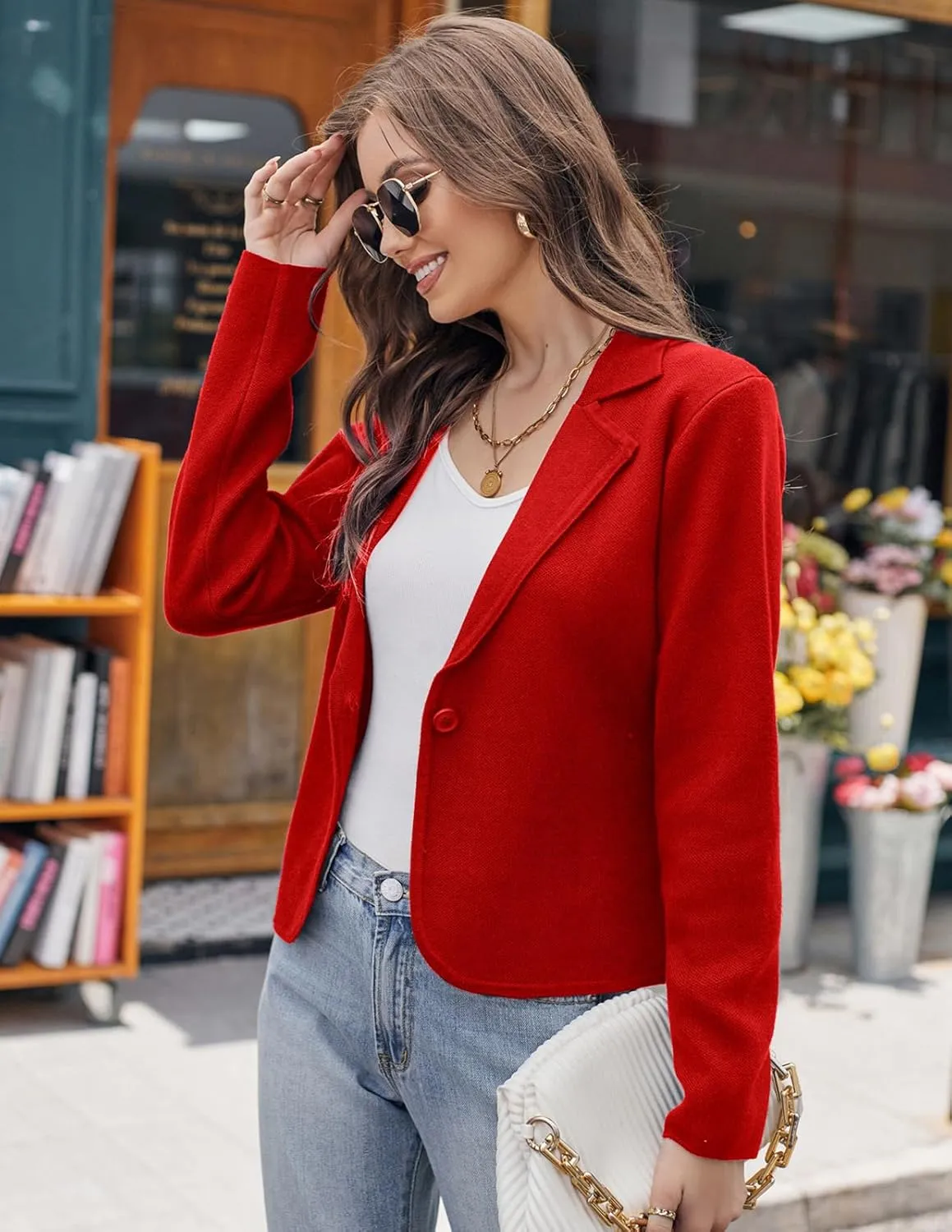 GRACE KARIN Women Sweater Blazer Casual Work Croppped Cardigan Lightweight Button Front Short Knit Blazer Jacket S-XXL