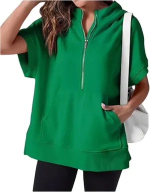 Half Zip Sweatshirt Women Oversized Short Sleeve Hoodies Casual Pullover Tops Loose Fit Summer Shirts with Pockets