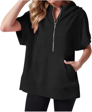 Half Zip Sweatshirt Women Oversized Short Sleeve Hoodies Casual Pullover Tops Loose Fit Summer Shirts with Pockets